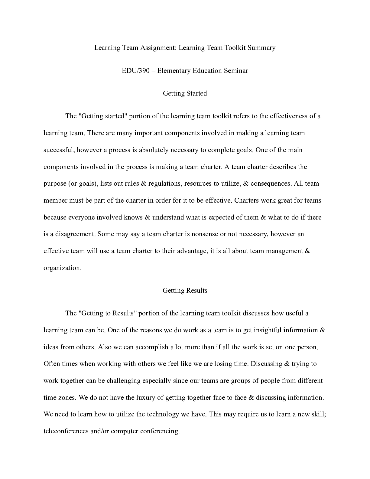 Preview image of EDU 390 Week 1, Learning Team, Section Summary  Learning Team Assignment: Learning Team To document